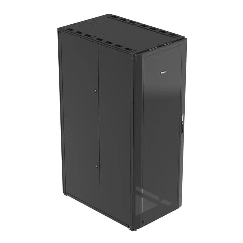 The Net-Access S-Type Cabinet is a 48 RU, 700mm W x 1070mm D cabinet. It features a single hinge perforated front door and a split perforated rear door. It includes side panels, casters and is black.