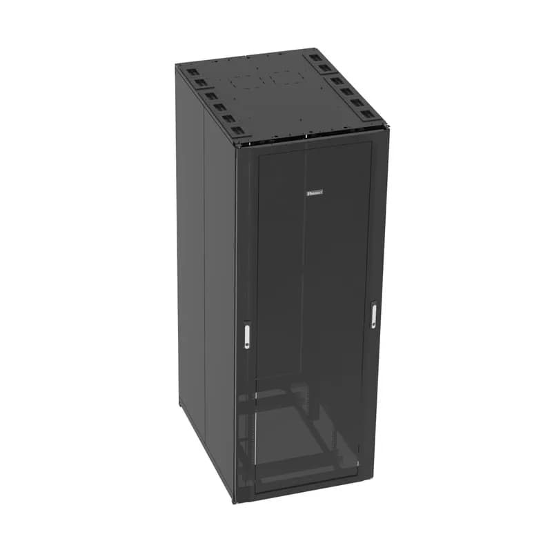 The Net-Access N-Type Cabinet is a 42 RU, 800mm W x 1070mm D cabinet. The front door is a single hinge perforated door. It features split perforated rear doors. It includes two solid side panels, two sets of cage nut equipment mounting rails and 42 RU cable management on front and rear of front posts. The cabinet is 78.8" H x 31.5" W x 42" D. It is black.