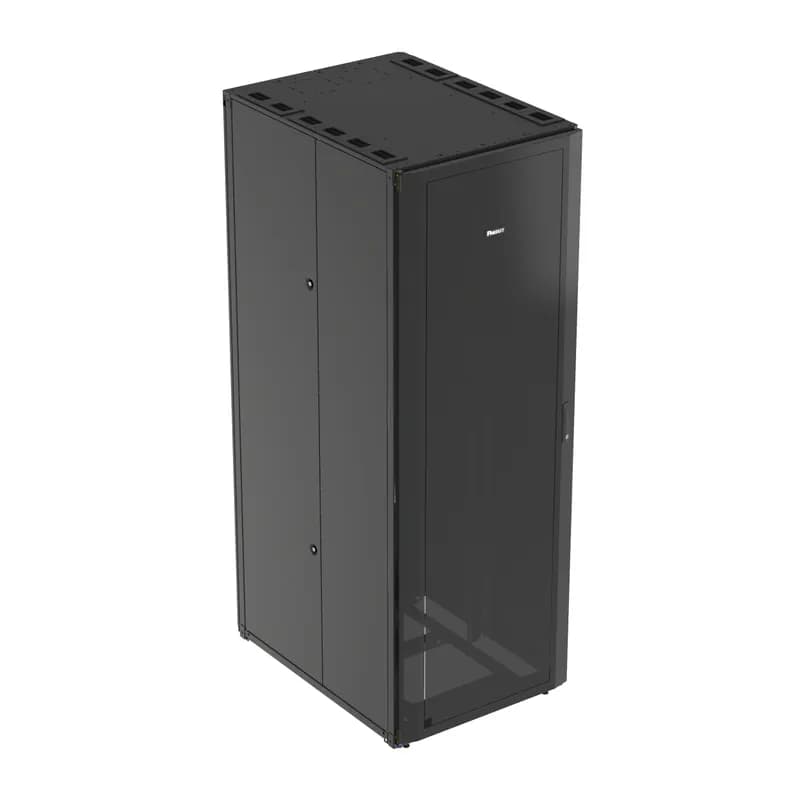 The Net-Access S-Type Cabinet is a 45 RU, 800mm W x 1200mm D cabinet. It features a single hinge perforated front door and a split perforated rear door. It includes side panels, casters and is black.