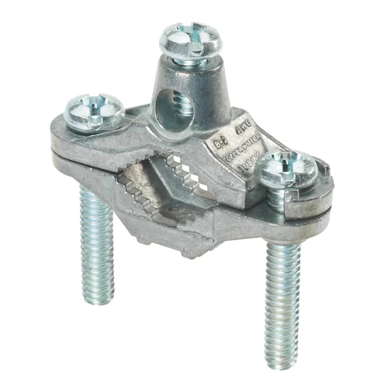 Zinc grounding clamp, #10 SOL - #2 STR conductor size range, 1/2" - 1" (12.7mm - 25.4mm) iron pipe size, 1.65" (41.9mm) pipe clamp screw length.