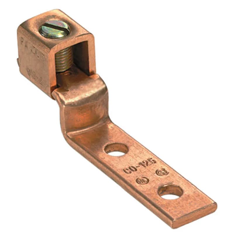 Two-hole, copper, single barrel, offset floating tongue lug, slotted screw, #8 - #2 AWG, 1/4 (6.4mm) stud hole.