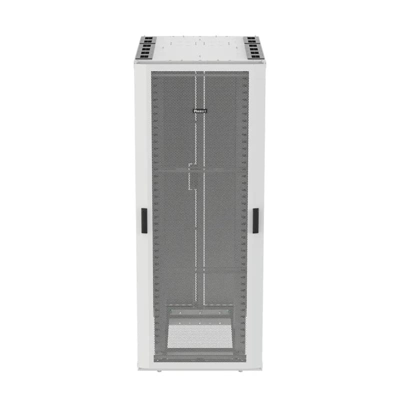 The Net-Access N-Type Cabinet is a 42 RU, 800mm W x 1200mm D cabinet with top panel. The dual hinge perforated front door opens to the left or right and the rear door is split perforated. It includes two solid side panels, two sets of #12-24 threaded equipment mounting rails and 42 RU cable management on front and rear of front posts. The cabinet is 78.8" H x 31.5" W x 48" D. It is white.