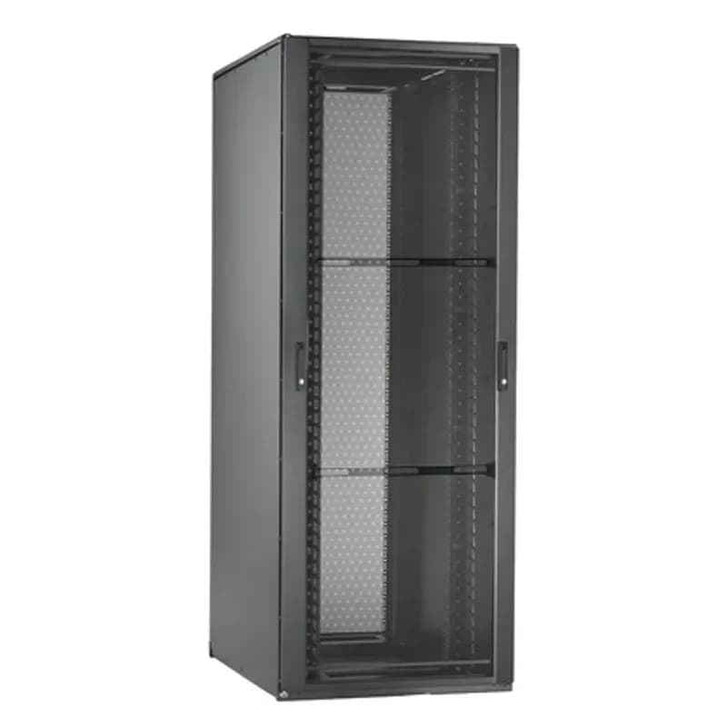Net-Access N-Type Cabinet frame with top panel. Dual hinge perforated front door opens to the left or right. Split perforated rear doors open in the middle to minimize door swing footprint. No side panels. Vertical blanking panels. Two sets of cage nut equipment mounting rails. 48 RU cable management on front and rear of front posts. Dimensions: 88.5H x 31.5W x 42.0D (2205mm x 800mm x 1070mm). Color: Black, Two sets of SN25F fingers Included.