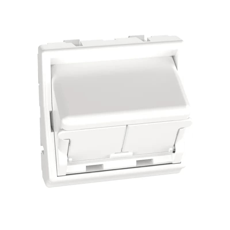 The Mini-Com 45mm x 45mm Faceplate Adapter accepts two Mini-Com Modules. The adapter mounts to standard 45mm x 45mm openings. It includes a frame and a half-size sloped, shuttered insert to improve bend radius and protect modules from dust and debris. The adapter can be identified with an adhesive label and is arctic white.
