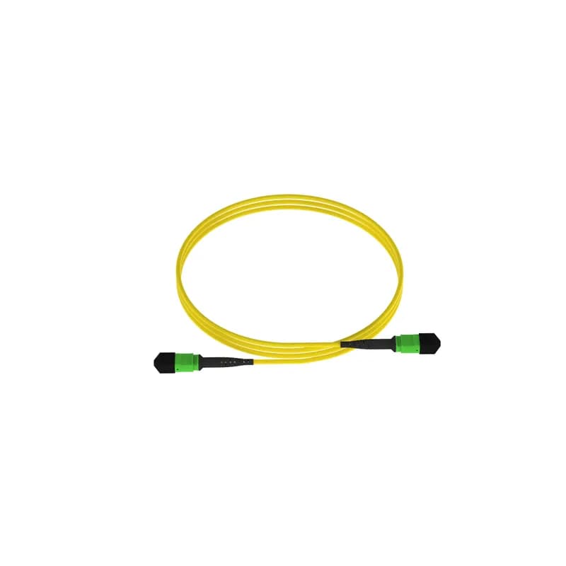 The 12 fiber cable assembly is an OS2 interconnect cable assembly. It is Low Smoke Zero Halogen (LSZH) rated and features MPO Female to MPO Female connectors. It is yellow, 2 meters in length and has Method A standard insertion loss with no pulling eye.