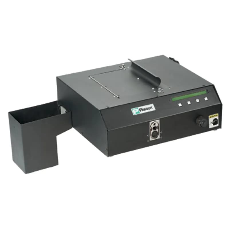 Stationary dispenser with electronic display. Online help menu through LCD display; multi-language; alarm sounds if error occurs. The system operates on 65 psig. (minimum) non-lubricated, filtered air and 100-240 VAC/50 or 60 Hz automatically adjusts within this range. Bin collector shown in the photo, attached to the side of the dispenser, is sold separately as included with the dispenser frame, not shown (part number PDSF).
