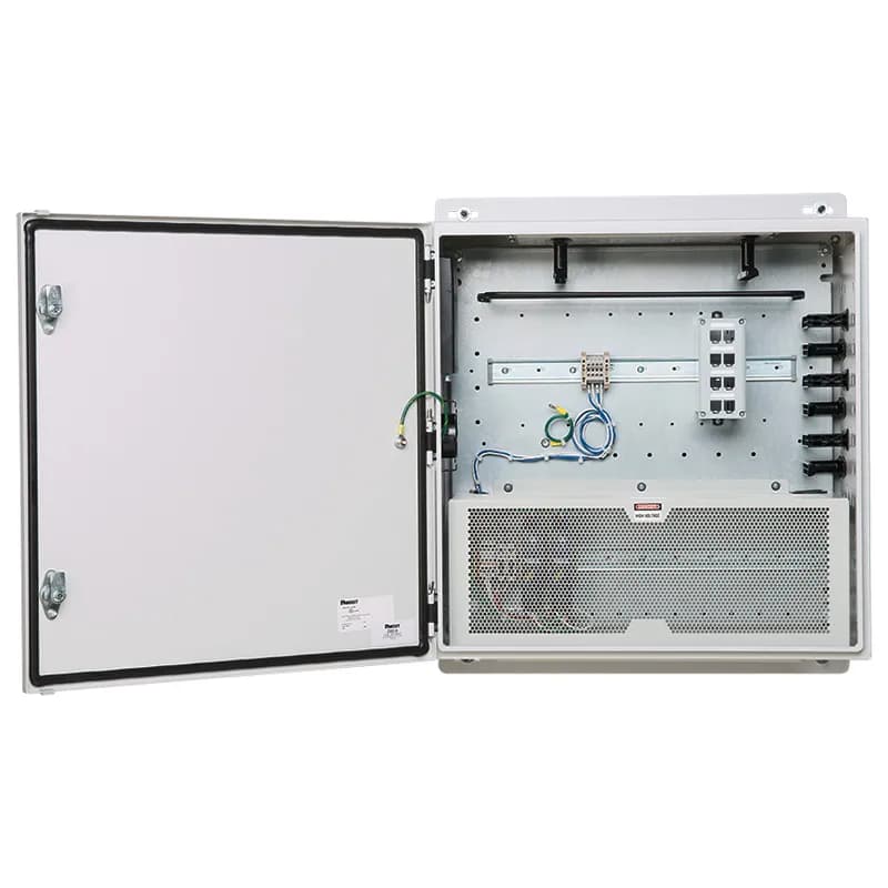 The universal network zone system is a mild steel enclosure that is 24" x 24 . This network zone system is made for one industrial switch and includes eight Cat 6 shielded copper patch cords and jack modules, two multimode LC fiber uplink patch cords with six adapters and redundant power supplies. The universal network zone system provides usability like IT switches for any customer owned industrial switch to be deployed on the plant floor.