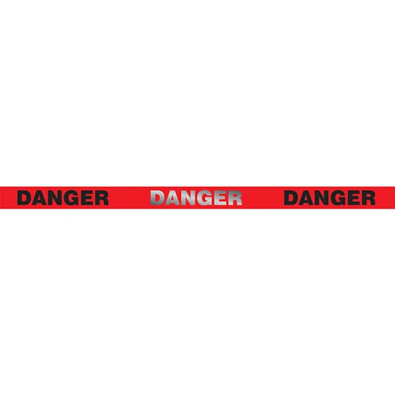 Panduit PBB0024 - Reflective Plastic Barricade Tape used to section off hazards and danger zones quickly and effectively, DANGER message repeats in black and reflective silver print continuously along the length of the roll, Lightweight 3-mil polyethylene plastic, Durable for indoor and outdoor environments, Black/Reflective Gray and Red, Roll size: 3in x 1000ft.