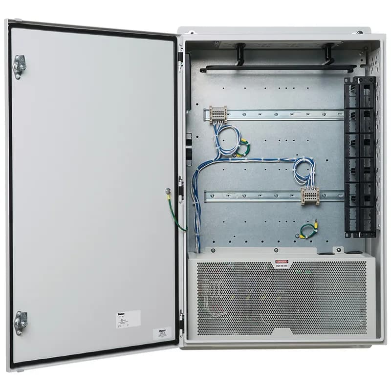 Universal Network Zone System, 24" x 36", 316 stainless steel, for two industrial switches, includes (16) Cat 6A STP copper patch cords and jacks, (4) MM LC fiber uplink patch cords with (6) adaptors and redundant power supplies, battery UPS.