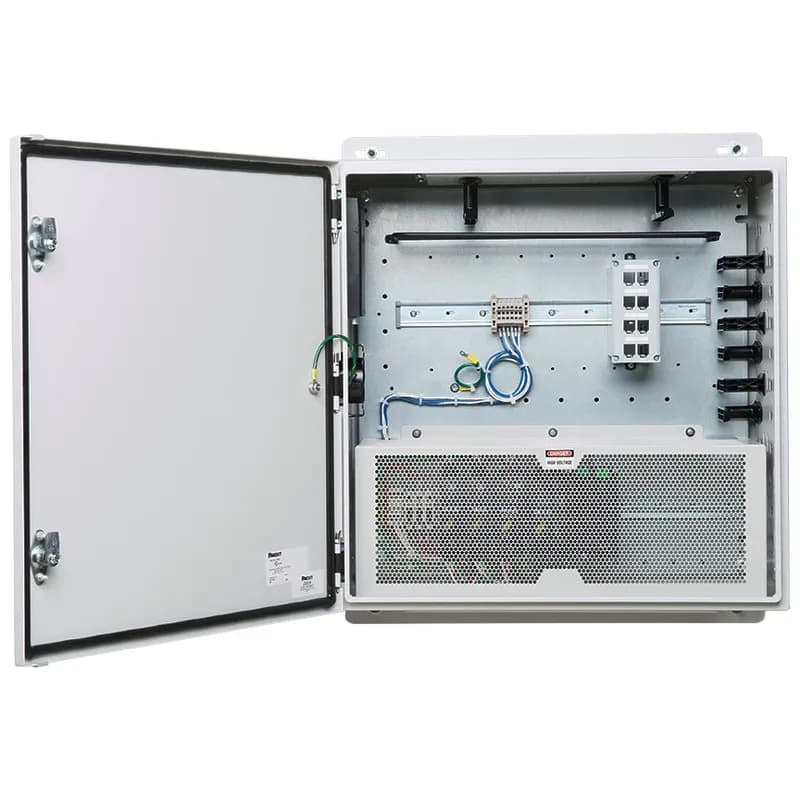 Universal Network Zone System, 24" x 24", mild steel enclosure, for one industrial switch, includes (8) Cat 6 UTP copper patch cords and jacks, (2) MM LC fiber uplink patch cords with (6) adaptors and redundant power supplies, battery UPS, PoE