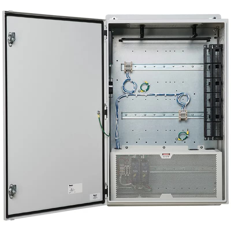The universal network zone system is a mild steel enclosure that is 24" x 36 . This network zone system is made for two industrial switches and includes sixteen Cat 6 UTP copper patch cords and jack modules, four multimode LC fiber uplink patch cords with six adapters and redundant power supplies. The zone system provides usability like IT switches for any customer owned industrial switch to be deployed on the plant floor.