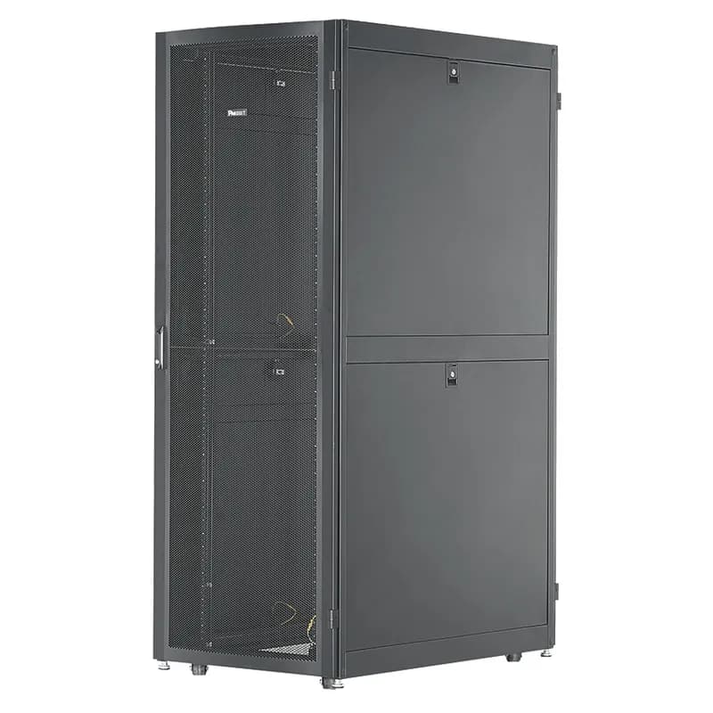 Net-Verse D-Type Cabinet frame, 45RU. Top panel with brush openings. Two sets cage nut equipment rails. Single hinge perforated front door. Split perforated rear doors. Horizontally split side panels (4). 2 full length PDU brackets. Dimensions: 85.7in H x 23.6in W x 39.4in D (2178mm x 600mm x 1000mm). Color: Black.