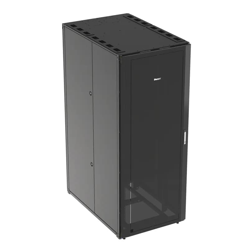 The Net-Access S-Type Server Cabinet is a 42 RU, 800mm W x 1200mm D cabinet. The front door is single-hinged. It features split perforated rear doors that open in the middle to minimize door swing footprint. This S-Type cabinet has vertically split hinged side panels and adjustable front and rear equipment rails. It includes heavy-duty casters with leveling legs and a set of PDU brackets. The cabinet is 79.8" H x 31.4" W x 48" D. It is made of powder-coated steel and is black.