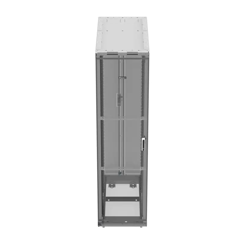 Panduit S6822WU - The Net-Access S-Type Server Cabinet is a 48 RU, 600mm W x 1200mm D cabinet. The front door is single-hinged. It features split perforated rear doors that open in the middle to minimize door swing footprint. This S-Type cabinet has vertically split hinged side panels and adjustable front and rear equipment rails. It includes heavy-duty casters with leveling legs and a set of PDU brackets. The cabinet is 90.3" H x 23.5" W x 48" D. It is made of powder-coated steel and is white.