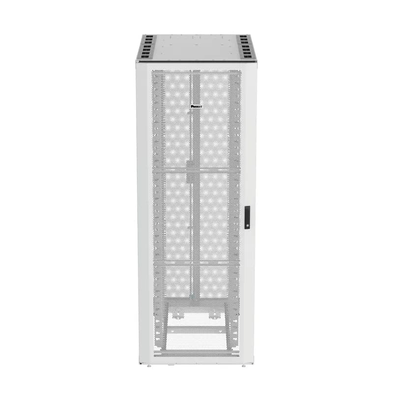 The Net-Access S-Type Server Cabinet is a 42 RU, 800mm W x 1200mm D cabinet. The front door is single hinged. It features split perforated rear doors that open in the middle to minimize door swing footprint. This S-Type cabinet has vertically split hinged side panels and adjustable front and rear equipment rails. It includes heavy-duty casters with leveling legs and a set of PDU brackets. The cabinet is 79.8" H x 31.4" W x 48" D. It is made of powder-coated steel and is white.