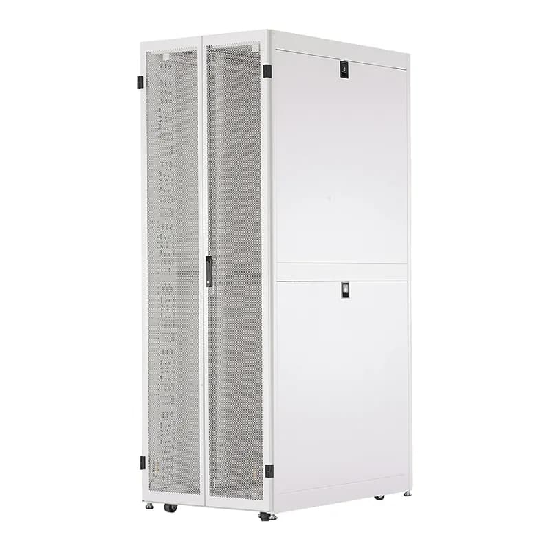 The Net-Verse D-Type Cabinet is a 42 RU, 800mm W x 1000mm D cabinet. The top panel of this data cabinet has brush openings. It includes two sets of cage nut equipment rails. The front door is a single hinge perforated door. It features split perforated rear doors. It includes four horizontally split side panels and two full-length PDU brackets. The cabinet is 80.5" H x 31.5" W x 39.4" D. It is made of powder-coated steel and available in white.