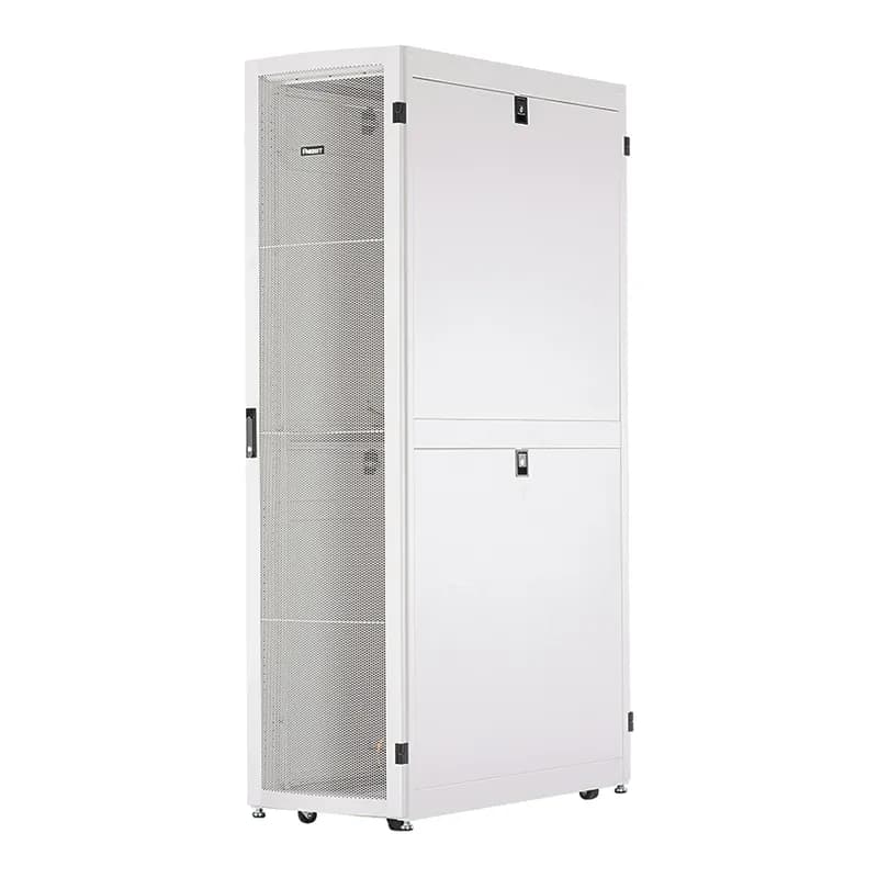 The Net-Verse D-Type Cabinet is a 48 RU, 600mm W x 1200mm D cabinet. The top panel of this data cabinet has brush openings. It includes two sets of cage nut equipment rails. The front door is a single hinge perforated door. It features split perforated rear doors. It includes four horizontally split side panels and two full-length PDU brackets. The cabinet is 91.1" H x 23.6" W x 47.2" D. It is made of powder-coated steel and available in white.