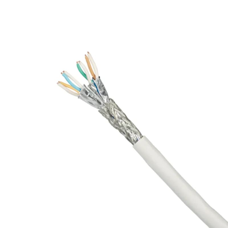 The TX7000 Category 7 copper cable is a shielded S/FTP copper cable. The copper conductors are twisted in pairs, covered by a foil shield within an overall braided shield and a HDPE flame-retardant jacket. The white, LSZH (IEC 60332-3, EuroClass B2ca-s1a,d1,a1) cable is supplied 500 meters (1,640 feet) to a reel.