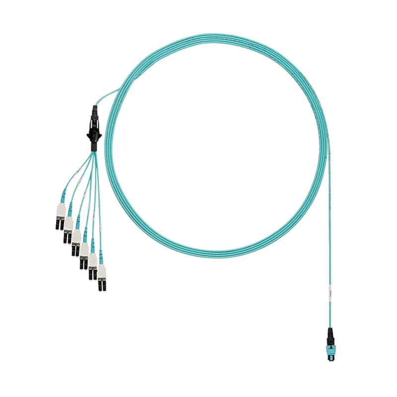 OM3 12-fiber round harness cable assembly, plenum (OFNP) rated, PanMPO Male to LC Uniboot Staggered Pair 1 shortest, Std IL.