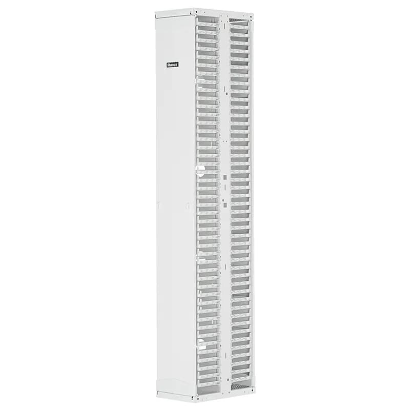 The PatchRunner 2 Vertical Cable Manager combines high-density capability and versatility, freeing up valuable floor space. The fully pre-assembled manager lowers overall costs. The dual-sided manager has a metal backbone with molded plastic fingers, and includes two full-length metal, dual-hinging, push-to-close doors. The manager is 45 RU, 10 inches wide, and is white.