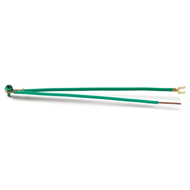 Ground Bonding Pigtail, 2 wires, 8" length, Wire #1: #12 AWG Stranded Wire, Ring Terminal terminated to one end of wire and opposite end terminated to flanged spade terminal, Wire #2: #12 AWG Solid Wire, opposite end stripped to 1" length, GSH, #10-32 Bonding Screw Included