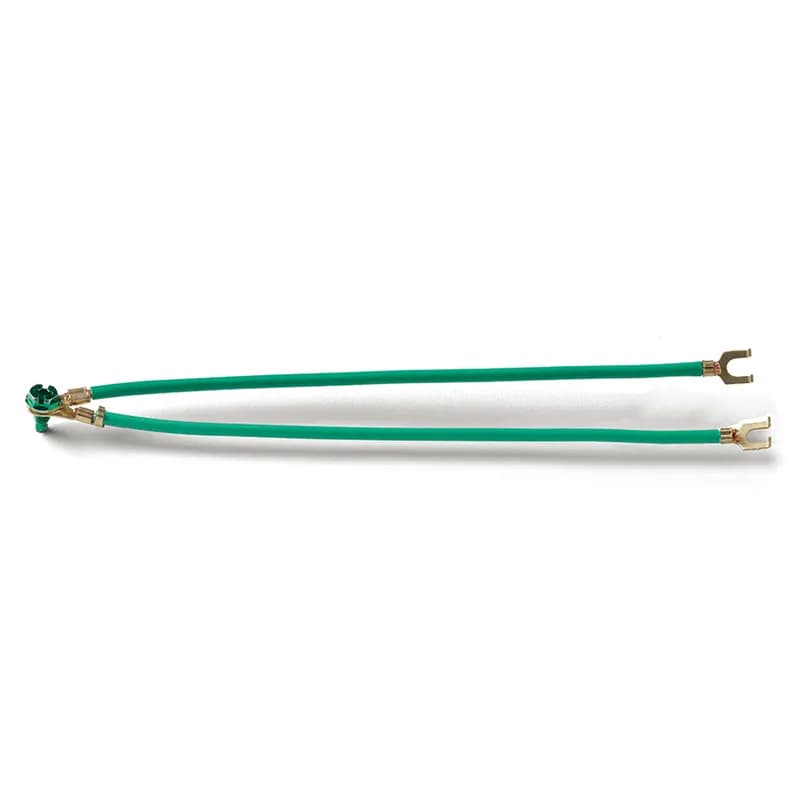 Ground Bonding Pigtail, 2 wires, 8" length, Wire #1: #12 AWG Stranded Wire, Ring Terminal terminated to one end of wire and opposite end terminated to flanged spade terminal, Wire #2: #12 AWG Stranded Wire, Ring Terminal terminated to one end of wire and opposite end terminated to flanged spade terminal, GSH, #10-32 Bonding Screw Included
