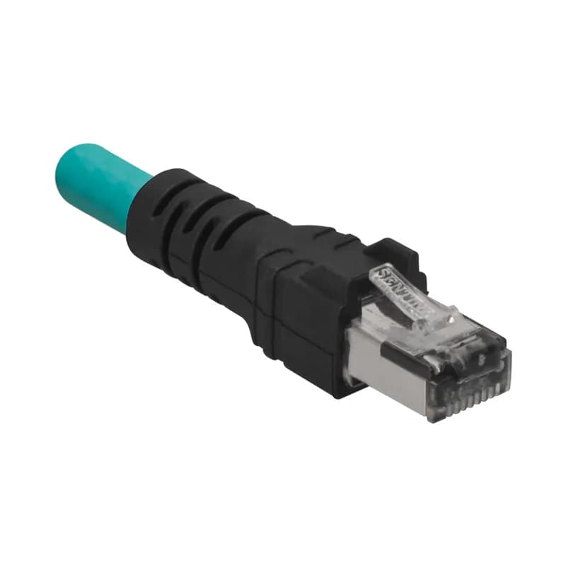 The IndustrialNet M12 D-Code Category 5e Overmolded Cordset is male to RJ45 preterminated with straight connectors. It is constructed of stranded, twisted pair cable for STP installations. The cordset is 600 V rated. The TPU jacket makes it suitable for high-flex applications for increased reliability. The cordset is 15 meters and teal.