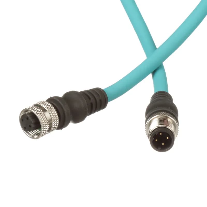 The IndustrialNet M12 D-Code Category 5e Overmolded Cordset is male to female preterminated with a straight connector and an angled connector. It is constructed of stranded, twisted pair cable for STP installations. The cordset is 600 V rated. The TPU jacket makes it suitable for high-flex applications for increased reliability. The cordset is 15 meters and teal.