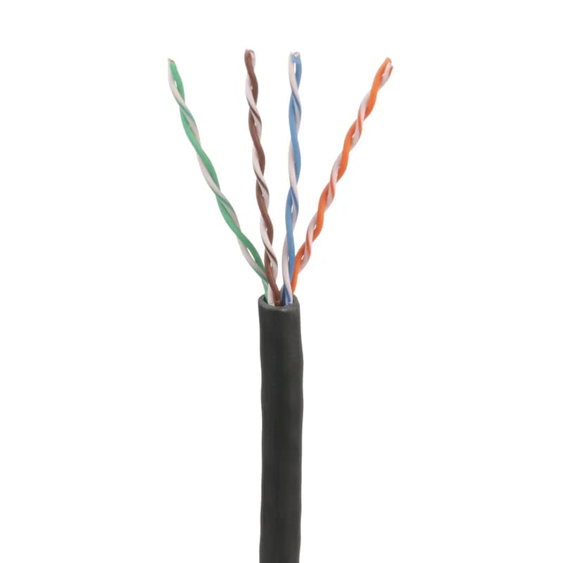 Black Industrial, 4-pair, unshielded U/UTP; conductors are stranded, 24/7 AWG, HDPE insulation, twisted in pairs; jacket is PVC, flame retardant CM; 1000 Ft/305M reel.