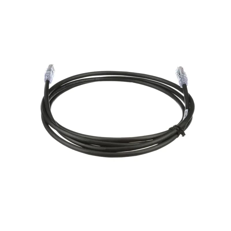 The TX6A 10Gig Cat 6A UTP Patch Cord is a 35-Foot, 0.250-inch (6.4mm) diameter, Black cord constructed of 24 AWG, unshielded, twisted pair, solid, CM cable with high-performance modular plugs. Its solid foil tape limits alien crosstalk, ensuring 10 Gb/s transmission. The tangle-free latch prevents snags and ensures a fast release, streamlining moves, adds, and changes. Enabled with RapidID, the product has pre-installed barcodes for simple port mapping using RapidID software.