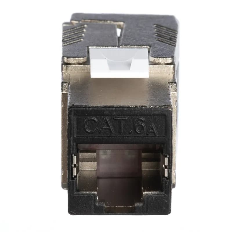 The keystone Cat 6A shielded RJ45 jack module is designed to terminate 4-pair, 22-24 AWG shielded twisted pair cable. Shielded jack modules use a forward motion termination method to optimize performance. The die-cast housing provides a robust design to protect against physical and electromagnetic damage. The jack module is silver with a black front.