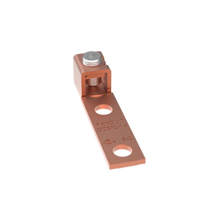 The CDS70-14-C Mechanical Connector Lug two-hole copper, single barrel, is made from high strength electrolytic copper to provide premium electrical and mechanical performance for wide wire range-taking capability that helps minimize inventory requirements. The plated steel set screw provides a durable electrical contract between conductor and connector. The internal pressure bar and V-bottom collar provide uniform clamping force to assure positive contact.