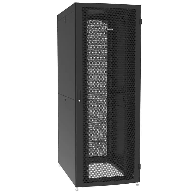 The Net-Verse D-Type Cabinet is a 45 RU, 800mm W x 1200mm D cabinet. The front door is a single hinge perforated door. It features split perforated rear doors. It includes horizontally split side panels, two full-length PDU brackets and casters. The cabinet is 85.8" H x 31.5" W x 47.2" D (2178 mm x 800 mm x 1200 mm). It is black.