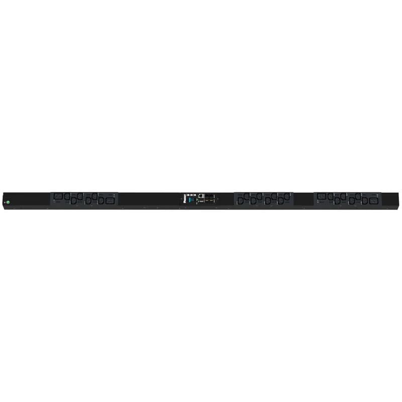 This Panduit G5 Monitored Switched PDU features (20) C13 and (4) C19 outlets. It is a 16 amp, 230 V, single phase PDU with an IEC 60309 2P+E 6h 16A (IP44) input plug and a 10 foot (3m) power cord.