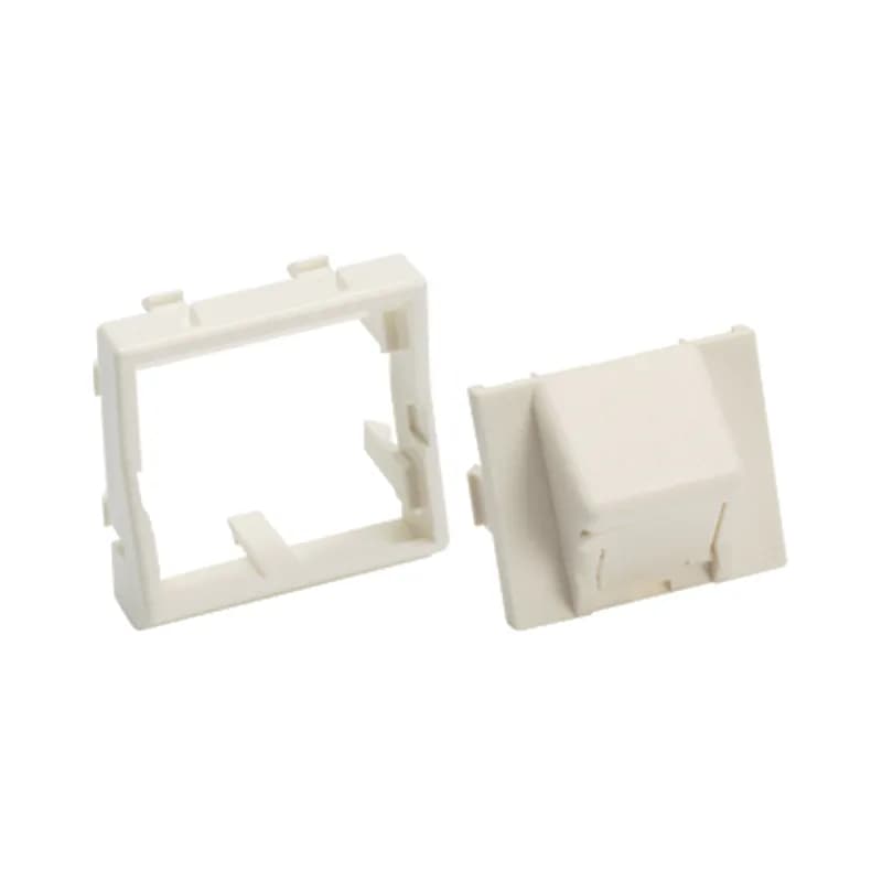 The Mini-Com 45mm x 45mm Faceplate Adapter accepts one Mini-Com Module. The adapter mounts to standard 45mm x 45mm openings. It includes a frame and a half-size sloped, shuttered insert to improve bend radius and protect modules from dust and debris. The adapter can be identified with an adhesive label and is arctic white.