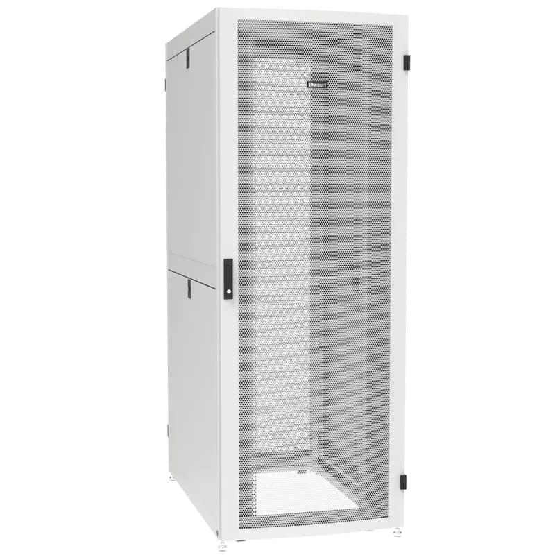 The Net-Verse D-Type Cabinet is a 42 RU, 800mm W x 1200mm D cabinet. The front door is a single hinge perforated door. It features split perforated rear doors. It includes horizontally split side panels, two full-length PDU brackets and casters. The cabinet is 80.5" H x 31.5" W x 47.2" D (2045mm x 800mm x 1200mm). It is white.