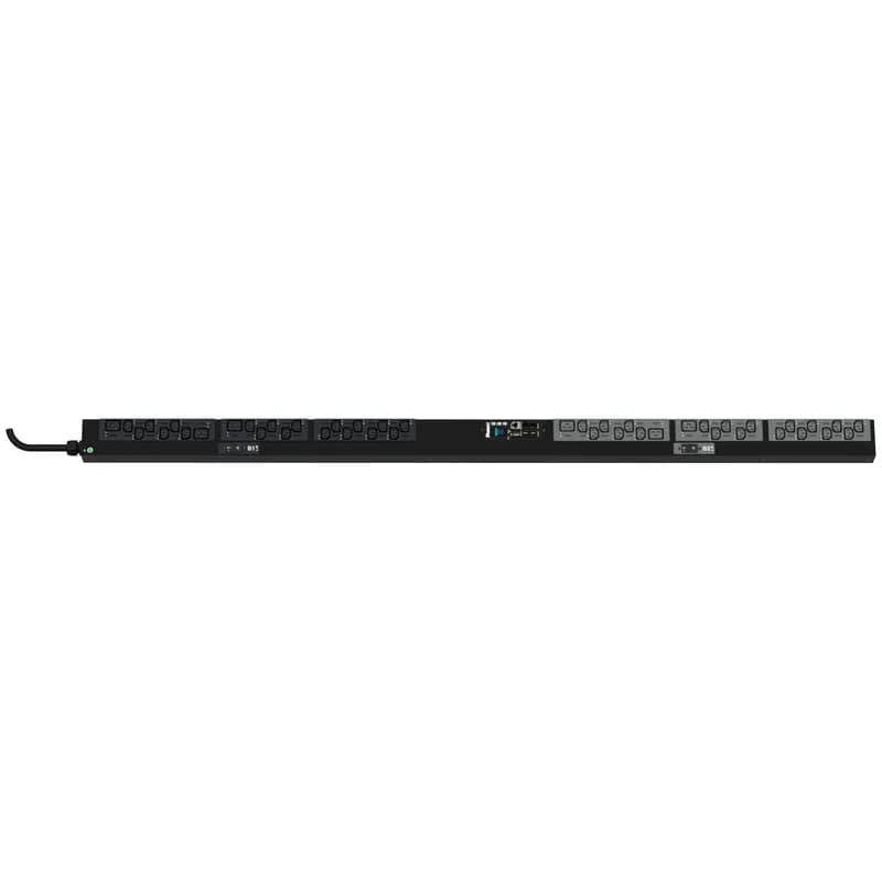 This Panduit G5 Monitored Switched PDU features (38) C13 and (6) C19 outlets. It is a 32 amp, 230 V, single phase PDU with an IEC 60309 2P+E 6h 32A (IP44) input plug and a 10 foot (3m) power cord.