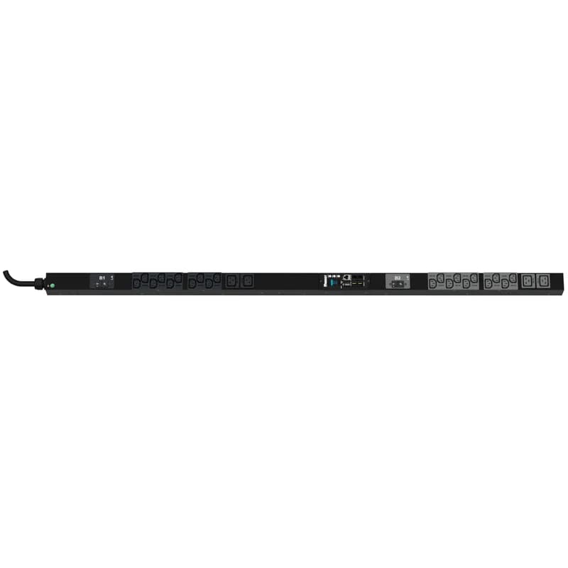 This Panduit G5 Monitored Input PDU features (20) C13 and (4) C19 outlets. It is a 32 amp, 230 V, single phase PDU with an IEC 60309 2P+E 6h 32A (IP44) input plug and a 10 foot (3m) power cord.