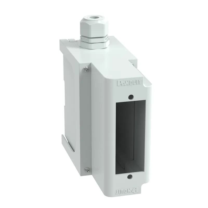 The IndustrialNet  DIN Rail Fiber Optic Patch Panel provides fiber protection for terminated distribution style cabling. It can be mounted to a standard 35mm DIN rail and locked in place with adjustable latches, which are designed to allow it to mount on a flat surface. This DIN rail mount enclosure includes a PG21 cable entry gland which includes two inserts for use with a range of fiber cables and 6-32   3/8" Phillips head screws to mount faceplate to patch panel. For use with FAPs and OptiCom  Cassettes