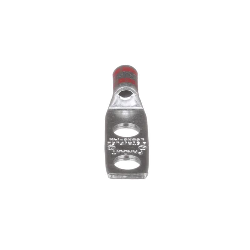 The LCDX8-14ANS-L Nickel/Silver plated Copper Compression Lug, two-hole, standard barrel, has color-coded barrels marked with Panduit and specified competitor die index numbers for proper crimp die selection. The beveled wire entry prevents bent back strands when inserting the conductor into the barrel. Nickel/Silver plated material has high thermal conductivity which facilitates the efficient transmission of electricity and heat. cULus Listed to 35 KV and temperature rated to 90 C.