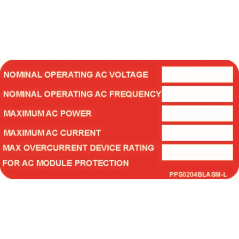 Solar labels are designed for long-term reliability in labeling applications subjected to high ultra violet light exposure. These labels provide reliability in both indoor and outdoor applications and have a clear overlaminate to function in harsh US and Canada environments. Solar Label, 2.00" H x 4.00" W, AC Solar Module, 'Nominal Operating AC Voltage' (Legend), Polyester Adhesive, White/Red, 50 Labels/Package.