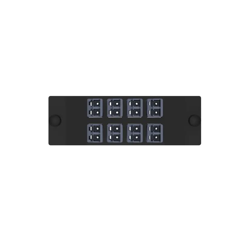 Panduit FAP8WFDBDBDLCZ - The Opticom  LC fiber adapter panel is OM4 and is loaded with 8 LC duplex fiber optic adapters. The fiber optic adapters are Keyed F-Dark Blue on the user side and Non-keyed on the service side and has zirconia split sleeves.