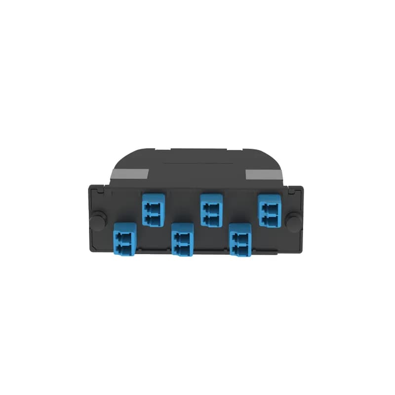 The QuickNet SFQ LC Cassette is OS2, MPO to LC and supports 24 fibers total. It is standard IL and uses universal polarity. The cassette has a black cover with a black MPO connector and 12 blue LC adapters with integral shutters to prevent contamination.