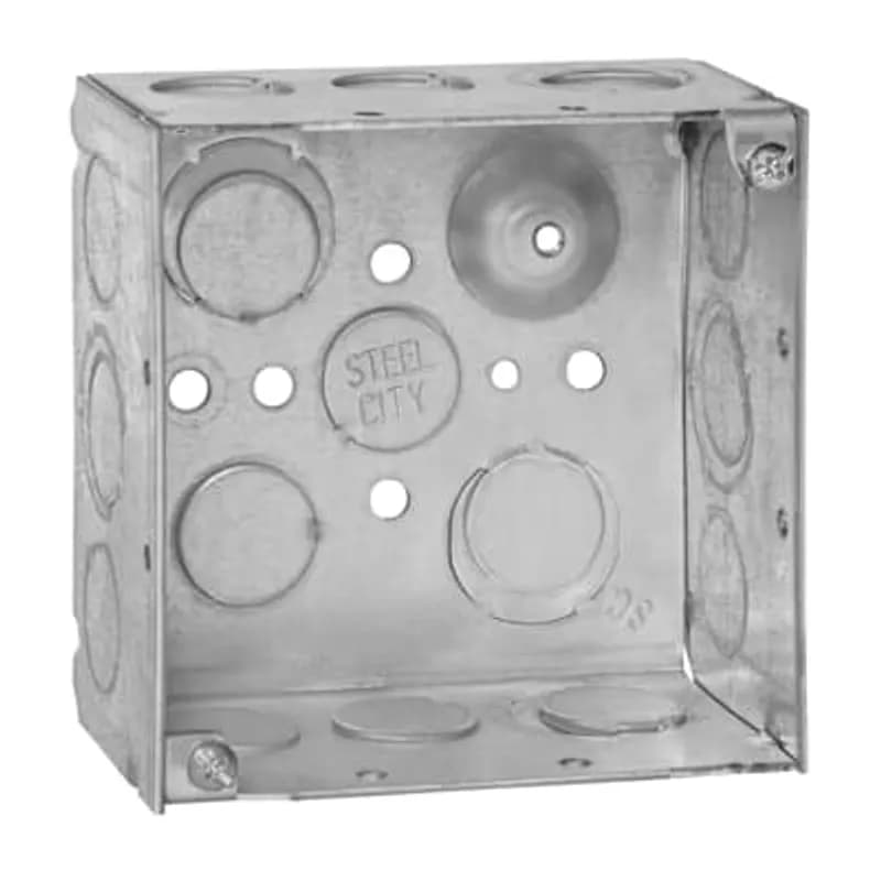 Square Box, 30.3 Cubic Inches, 4 Inch Square x 2-1/8 Inch Deep, 1/2 Inch and 3/4 Inch Eccentric Knockouts, Galvanized Steel, Welded Construction, Ground Bump, For use with Conduit, pack of 30