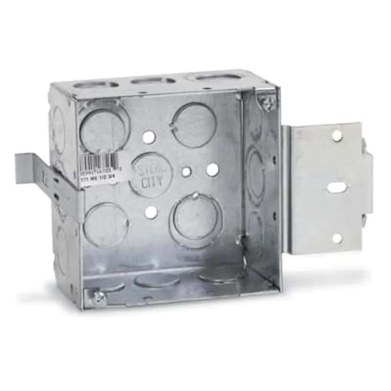 ABB - Installation Products 72171MSP - Square Box, 42 Cubic Inches, 4-11/16 Inches Square x 2-1/8 Inches Deep, 1/2 Inch and 3/4 Inch Eccentric Knockouts, Pre-Galvanized Steel, Welded Construction, with Metal Stud Bracket and 10-1/2 Inch #12 AWG Solid Wire Pigtail, For use with Conduit