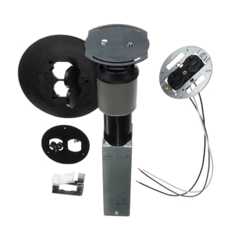 Poke-Through Flush Base Unit, 3 Inch Drill Size, 16 Inch Length, 1/2 Inch and 3/4 Inch Knockouts, Galvanized Steel, with Black Non-Metallic Cover with 7 Inch Diameter
