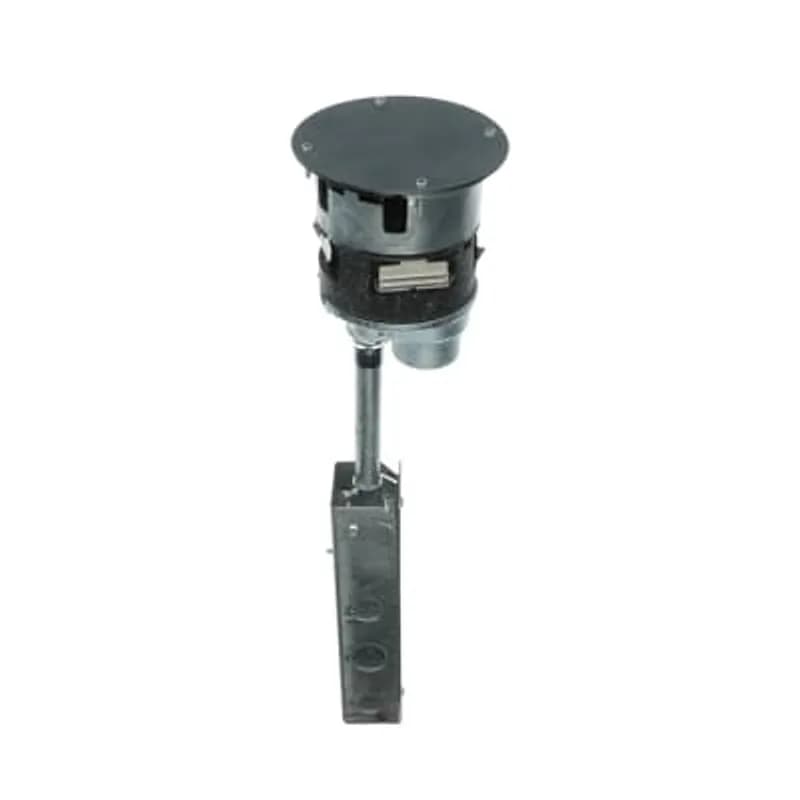 Poke-Through Base Unit, 4 Inch Drill Size, 19 Inch Length, Hub Size 1/2 Inch and 1 Inch, Galvanized Steel, with 4 20A Power Receptacles and 4 Cat-5e Data Jacks with Device Plates
