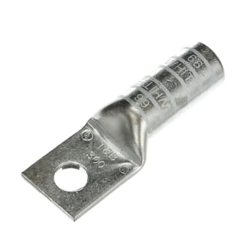 Copper One-Hole Lug, Long Barrel, Blind End, Max 35kV, Wire Size 300 kcmil, 1/2 Inch Bolt Size, Tin Plated, Die Code 66, Die Color Code White
