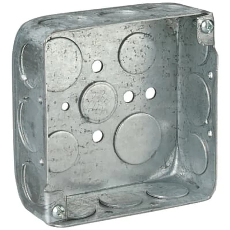 Square Box, 21 Cubic Inches, 4 Inch Square x 1-1/2 Inch Deep, 1/2 Inch and 3/4 Inch Knockouts, Pre-Galvanized Steel, For use with Conduit, pack of 30, custom package