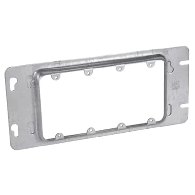 Four Gang Box Cover, 13.5 Cubic Inches, 10-5/8 Inches Long x 4-11/16 Inches Wide x 13/16 Inches Raised for Plaster, Galvanized Steel, Holes between Gangs are Spaced on 13/16 Inch Centers, Tapped Holes in Ears, Spaced on 3-9/32 Inches Centers to Accommodate All Standard Receptacles and Switches, Furnished with Extra Plugged Screw Holes, if these Screw Holes are Used, the Cover will fit the Next Smaller Size Box, pack of 5, for Retail